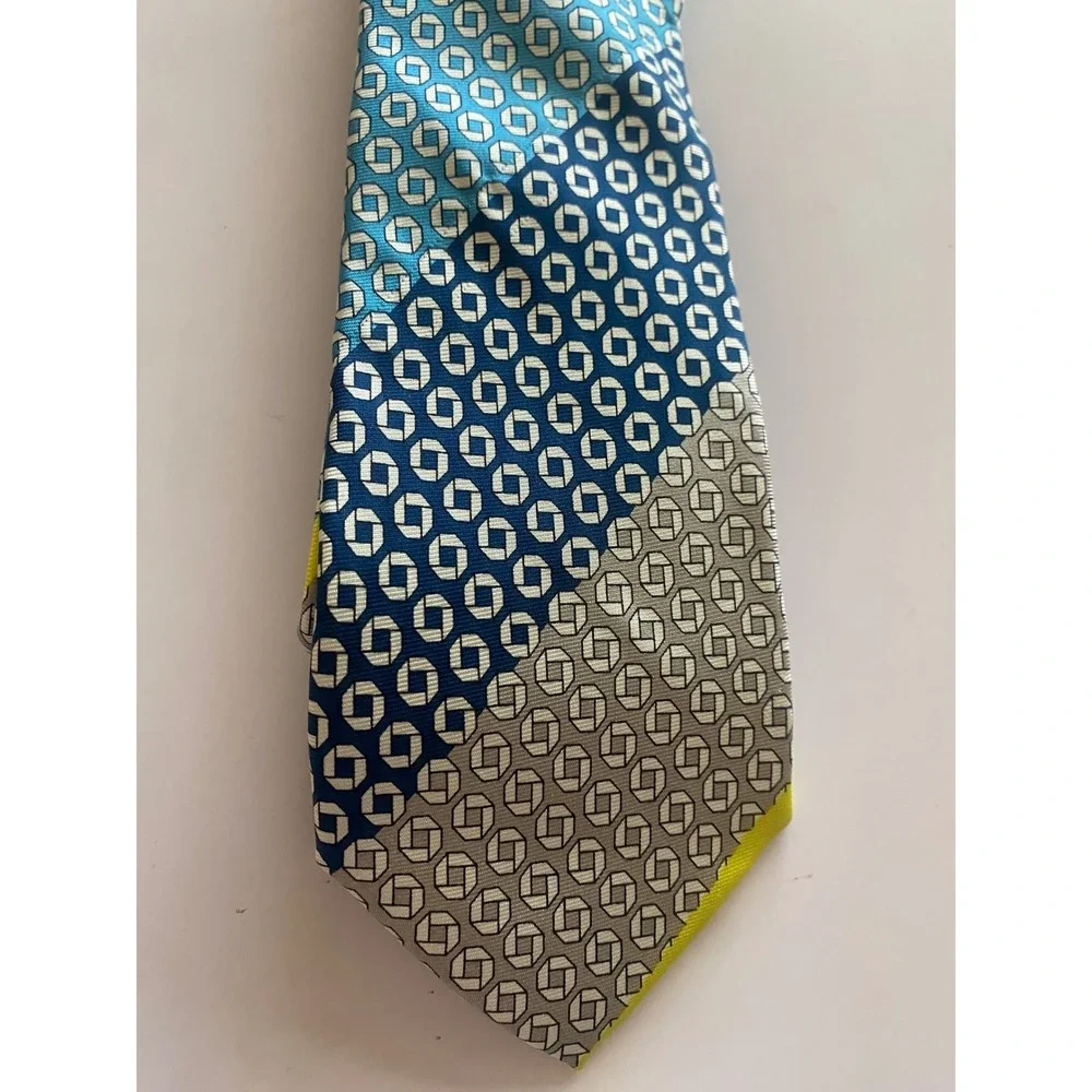 Lands End Outfitters Mens Silk Tie Blue Grey Neon Yellow Geometric Pattern 59in